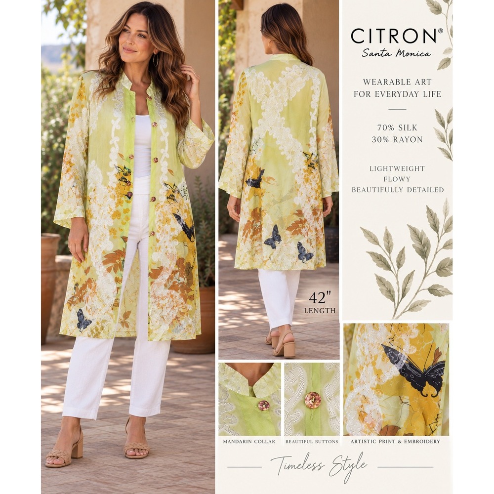 Citron Santa Monica Silk Blend Kimono Cardigan Open Front Jacket Size 0X Green